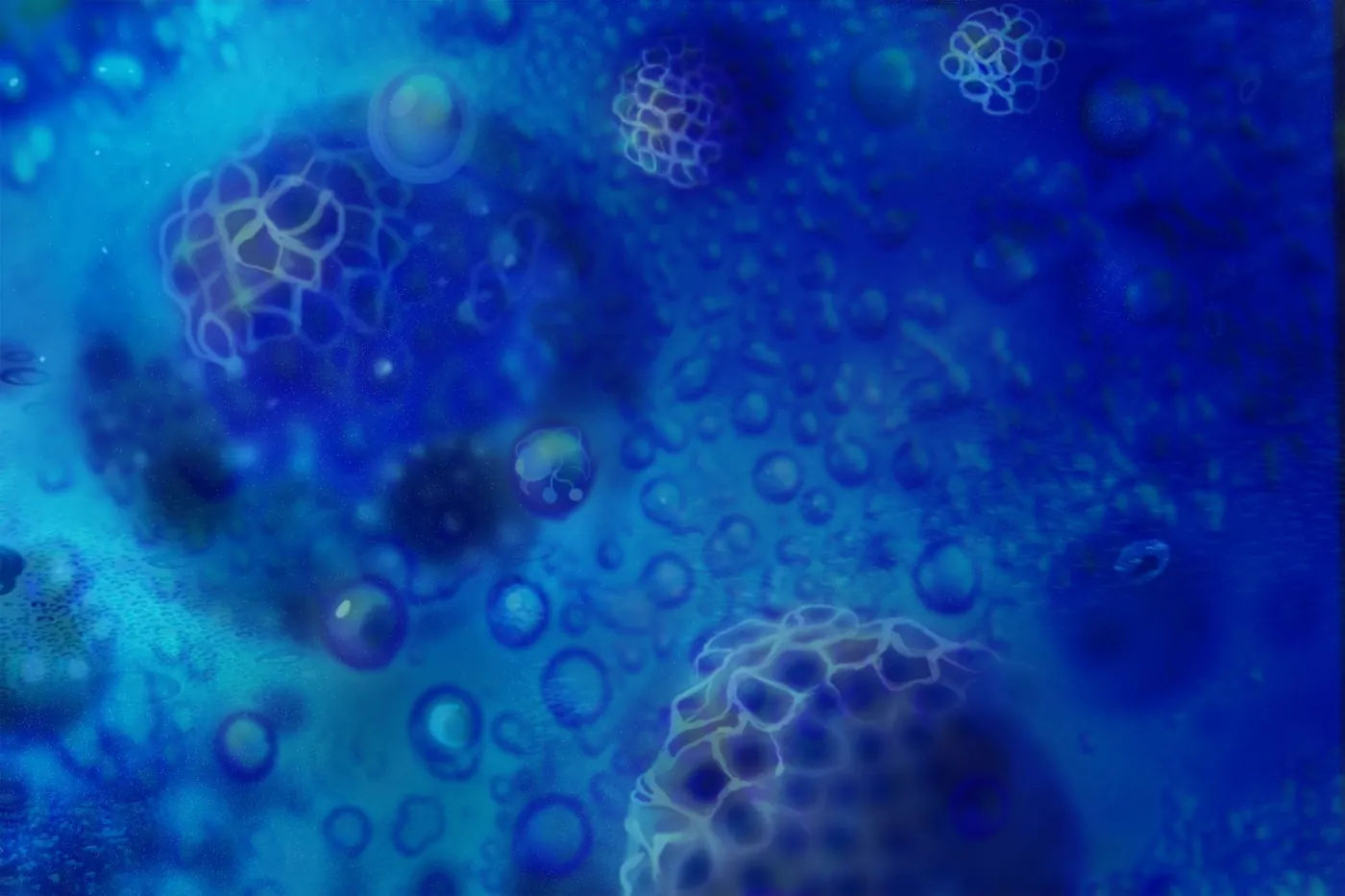 Fondo pintado con células y burbujas en azul